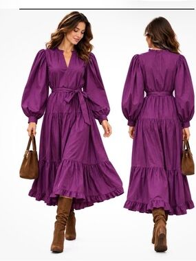 Purple Long Sleeve Tiered Maxi Dress with Waist Tie